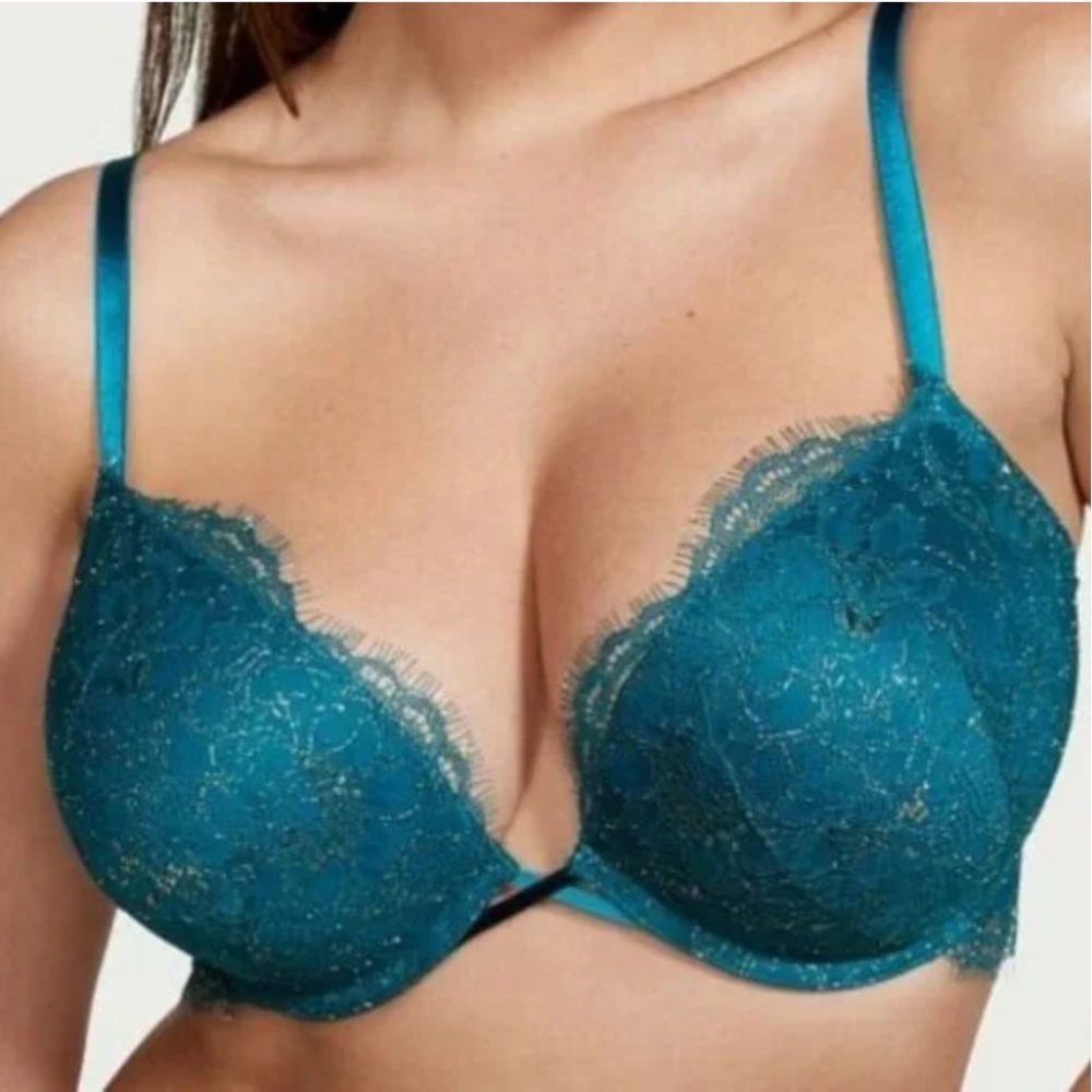 NWT Victoria Secret Teal Bra w/Gold Lace 34C NEW WITH TAGS